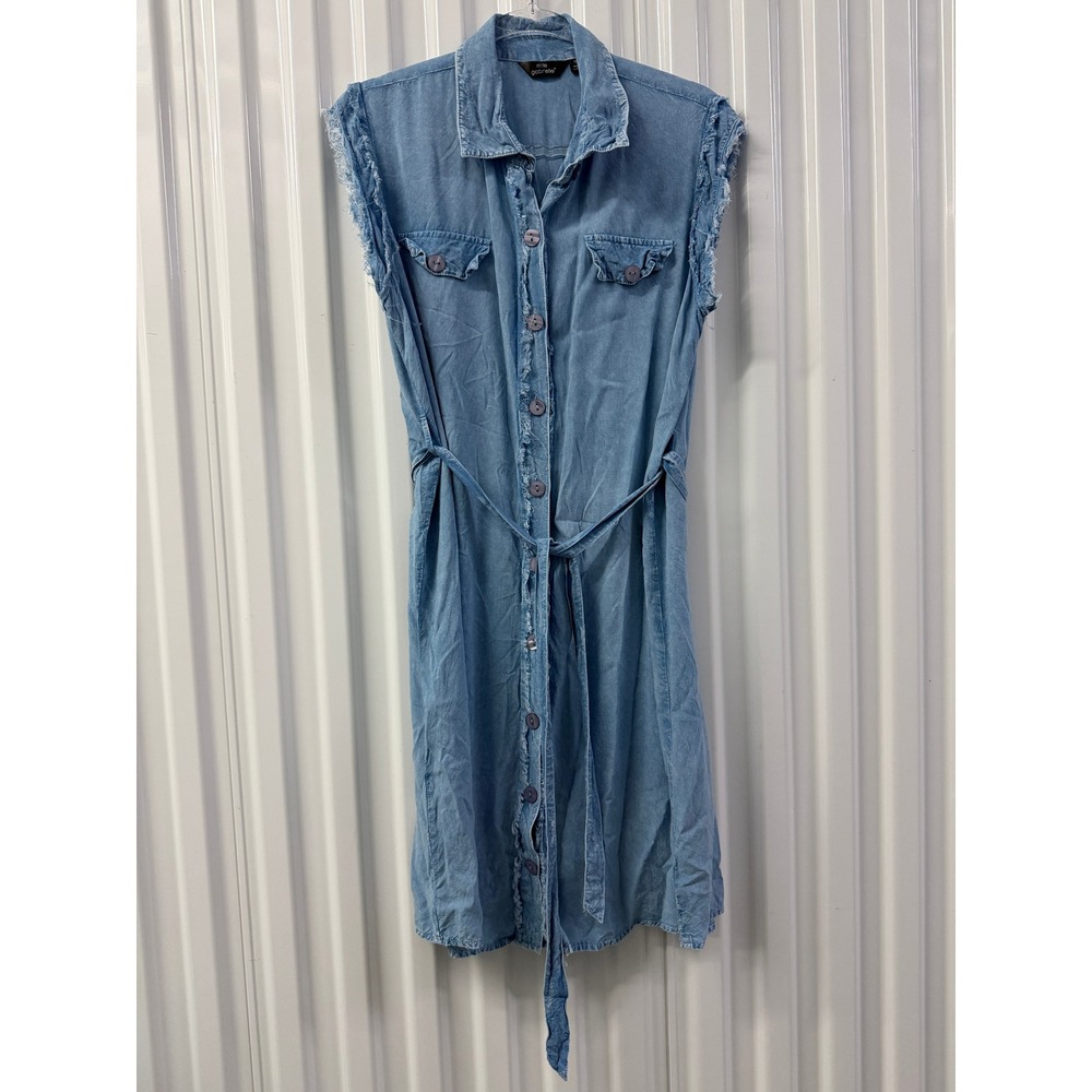 Mlle Gabrielle Shirtdress Womens 1X Blue Excellent Frayed Sleeveless Rayon 1063
